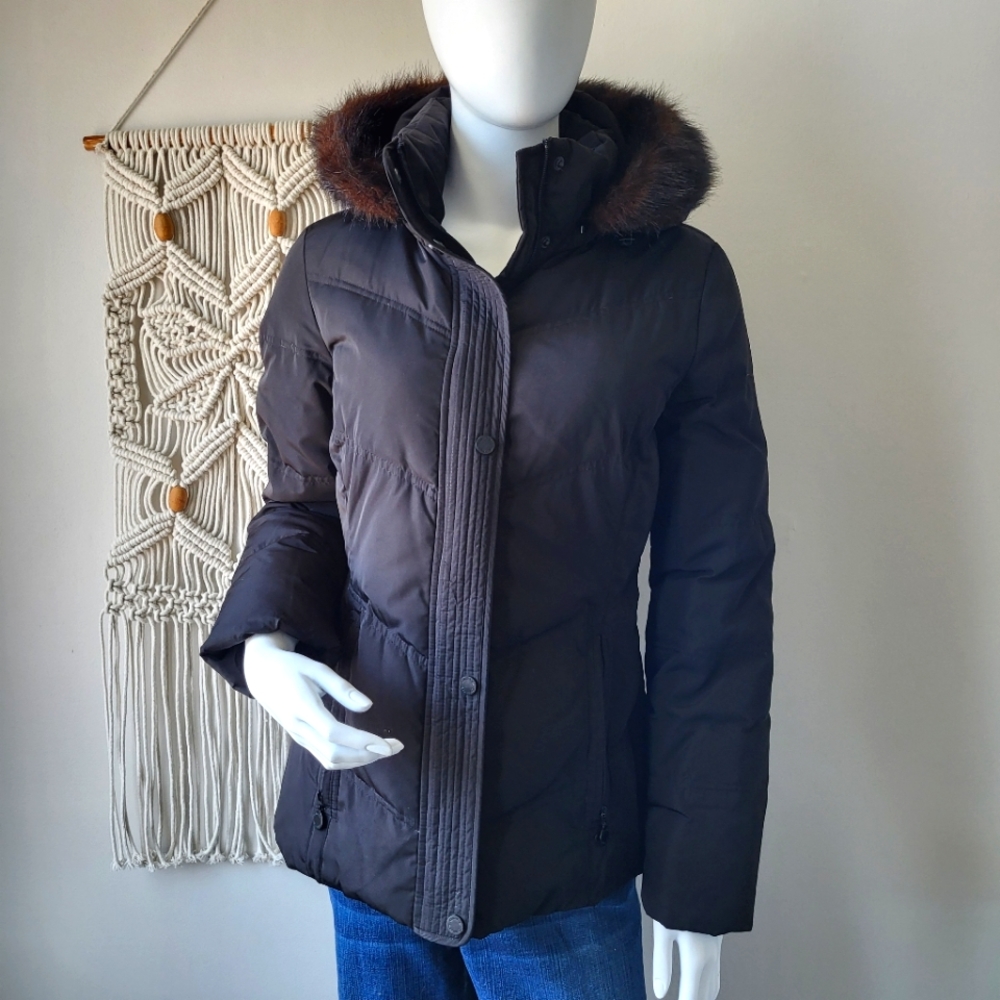 Calvin klein black hip length hooded down filled zip up+snap parka jacket Sz S